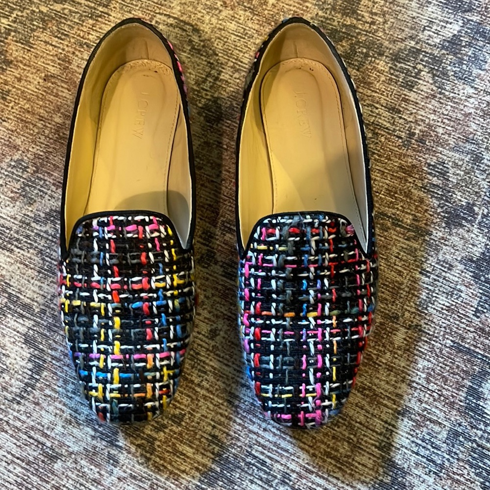 J. Crew rainbow tweed loafers.